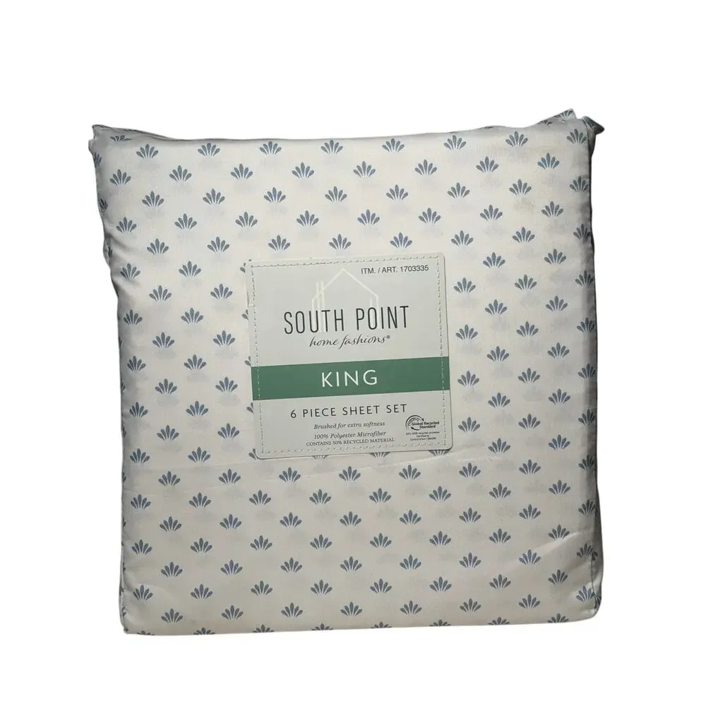 South Point 6 Piece King Sheet Set White With Blue Design Microfiber Pillow Case